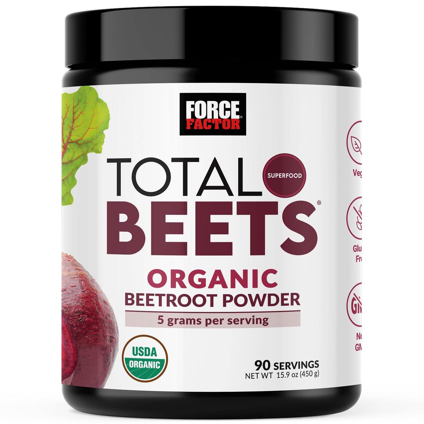 Force Factor Total Beets Organic Beetroot Powder Superfood to Boost Daily Nutrition, USDA Organic, Vegan, Gluten-Free, and Non-GMO Beet Supplement, Unflavored, 90 Servings