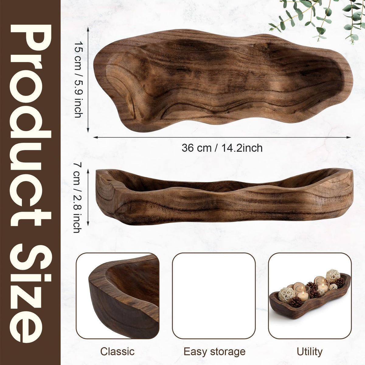 Nuogo 14 Inch Wooden Wavy Edge Dough Bowl Supplies, Brown