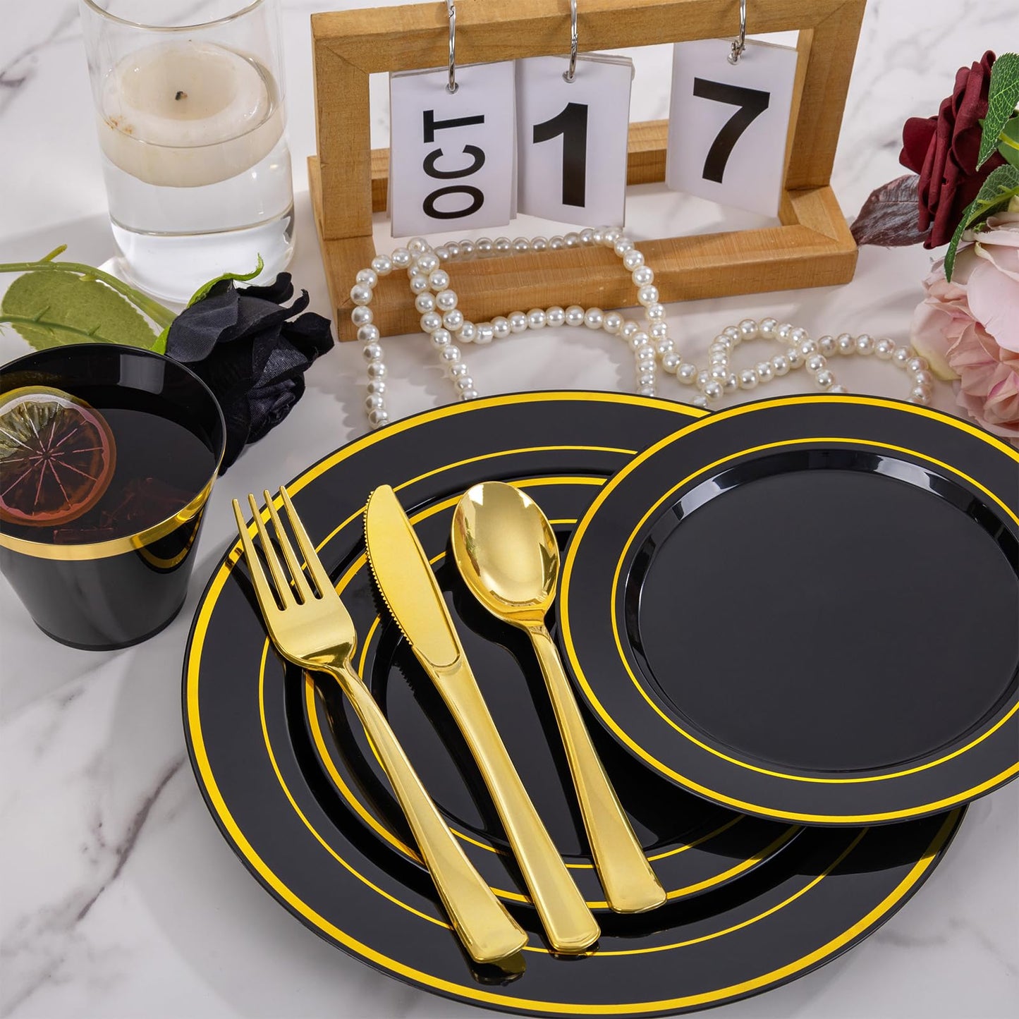 WELLIFE 600 PCS Black and Gold Disposable Dinnerware Set for 100 Guests, Gold rimmed Plastic Dinner Plates,Salad Plates,Cups,Silverware Set for New Year Party Supplies