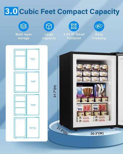 Feelfunn 3.0 Cu.ft Upright Freezer - Compact Mini Freezer with 7 Adjustable Thermostat, Removable Shelves, Reversible Single Door, 360°Uniform Cooling Small freezer for Home Office Kitchen Dorm, Black