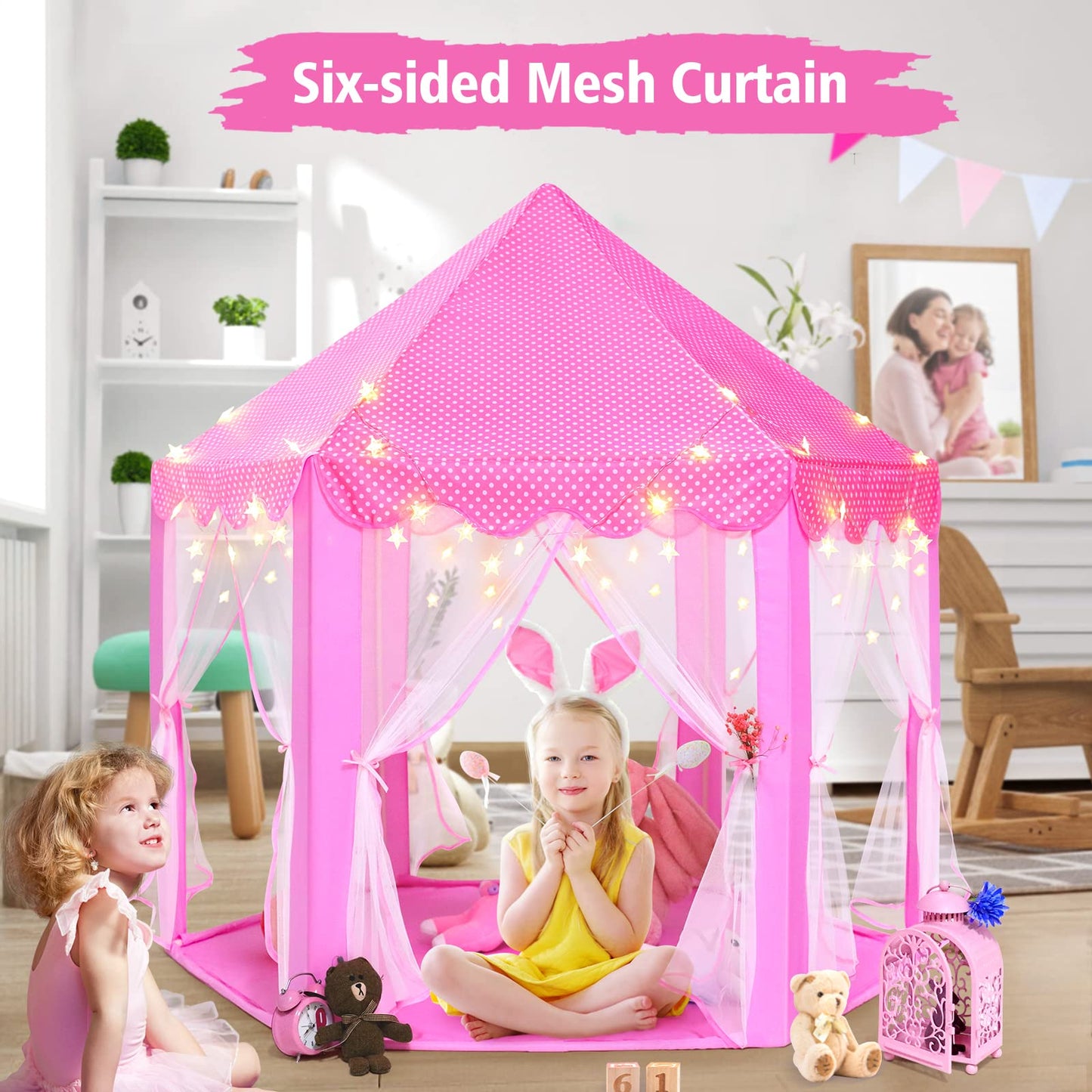 Monobeach Princess Tent Girls Large Playhouse Kids Castle Play Tent with Star Lights Toy for Children Indoor and Outdoor Games, 55'' x 53'' (DxH)