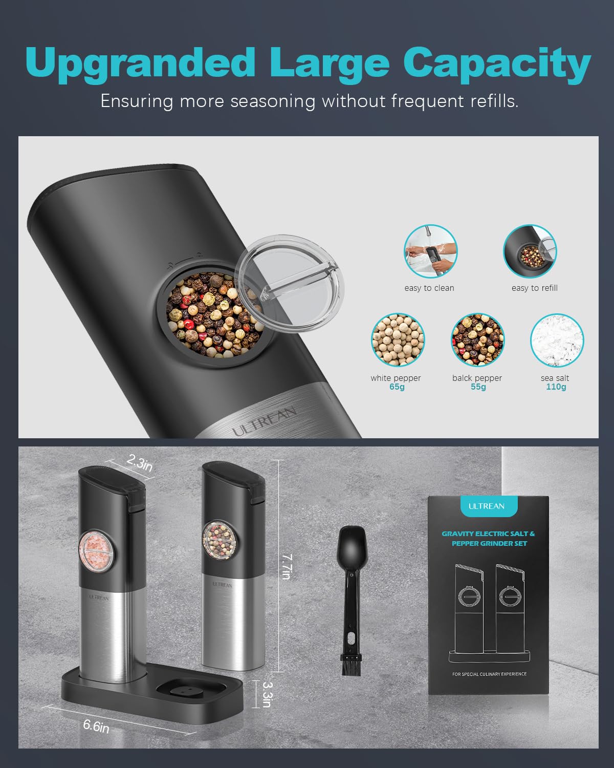 Ultrean Gravity Electric Salt and Pepper Grinder Set - USB Rechargeable With Dual Charging Base - Adjustable Fineness - One Handed Operation, Stainless Steel Construction, Auto Dust Lids, LED Light