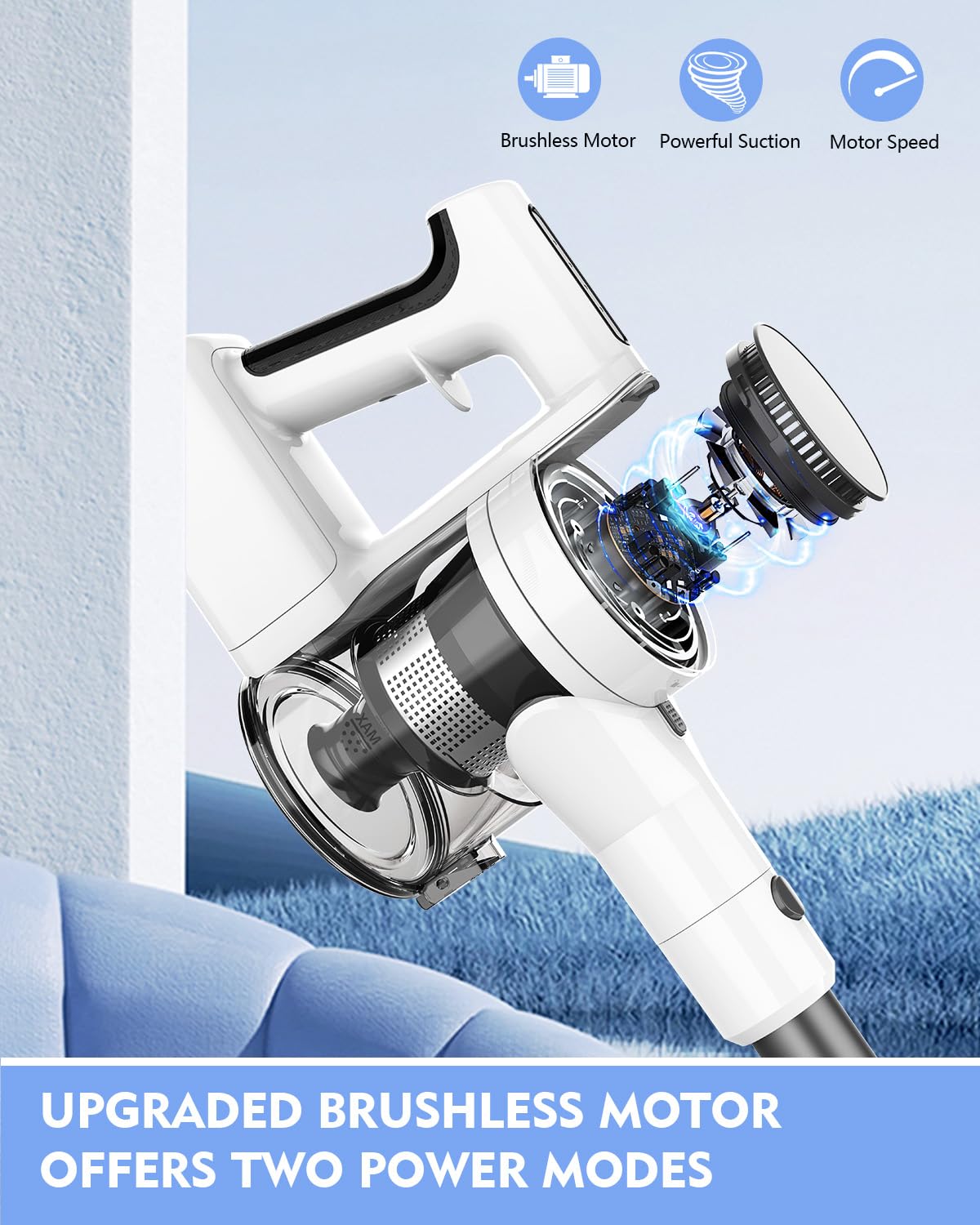 Comvtu Cordless Vacuums, 80,000PRM Powerful Motor Vacuum Cleaner and 2200mAH Rechargeable Battery up to 35 Mins Worktime, 2 Adjustable Modes, Detachable Parts, Wireless Stick Vacuum (Sliver White)