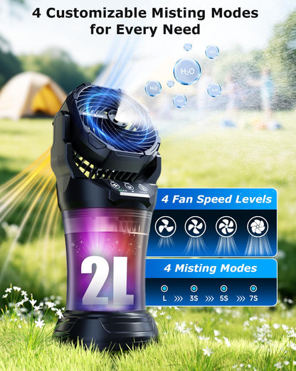 Ocikry Misting Fan, Portable Misting Fan with 2L Water Tank, 30000mAh Battery, 180° Adjustable, 4 Speeds & 4 Mist Modes (Continuous/3S/5S/7S),4 LED Base Lights Remote Control for Outdoor Patio Camping