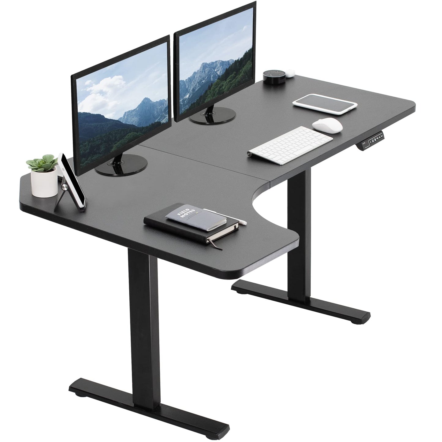 VIVO Electric Corner 58 x 35 inch L-Shaped Standing Desk Workstation, Memory Controller Height Adjustment, Reversible Black Top, Black Frame, DESK-KIT-1BRB