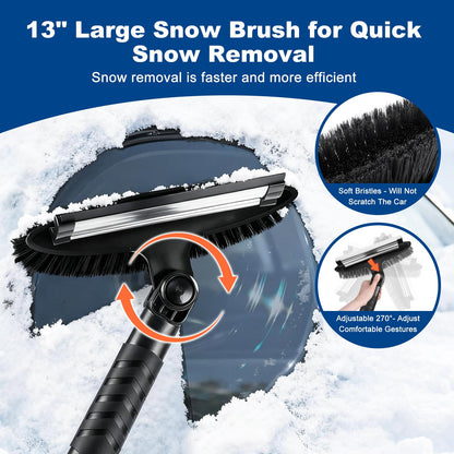 72" Extendable Long Snow Brush with Ice Scraper for Car Truck SUV Van - Soft Squeegee with 270° Pivoting Brush Head for Windshield Window - Snow Scraper & Antifreeze Gloves for Car Winter Accessories