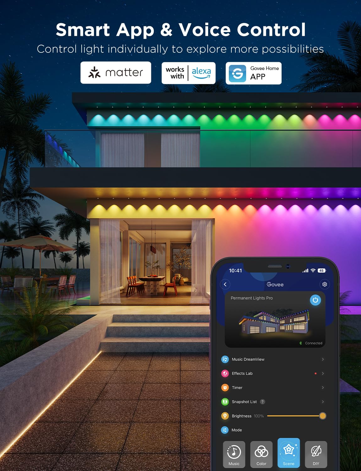 Govee Permanent Outdoor Lights Pro, 100ft with 60 RGBIC LED Lights for Daily and Accent Lighting, 75 Scene Modes for Christmas, IP67 Waterproof, Works with Alexa, Google Assistant, Matter, White