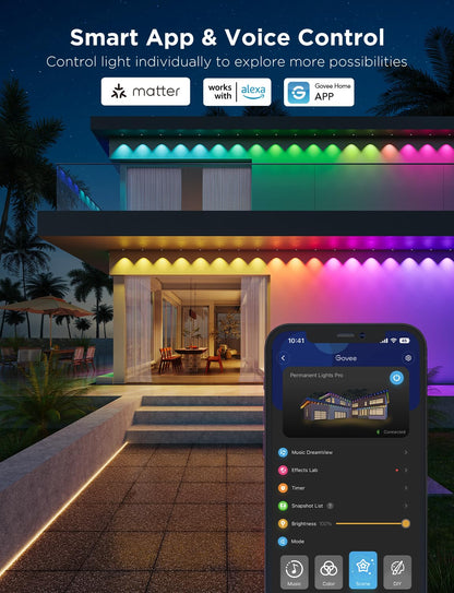 Govee Permanent Outdoor Lights Pro, 100ft with 60 RGBIC LED Lights for Daily and Accent Lighting, 75 Scene Modes for Christmas, IP67 Waterproof, Works with Alexa, Google Assistant, Matter, White