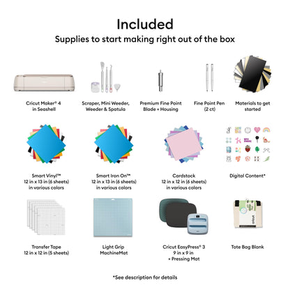 Cricut Maker 4 - Smart Cutting Machine (Seashell) | Engagement Plus Bundle - Includes EasyPress 3 Heat Press (9x9) + Mat, Tote Bag, Material Samplers, Machine Mat, Pens, Tools, & 30 Digital Images