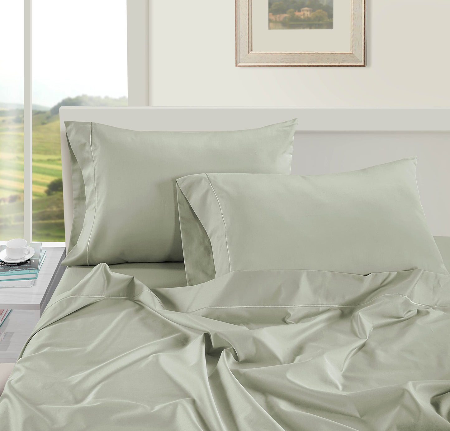 LANE LINEN 100% Egyptian Cotton Bed Sheets sábanas Queen, Soft & Comfy Luxury Hotel Like Thick Bedding Sheets & Pillowcase Set, Machine Wash Cooling 16'' Queen Deep Pocket Sheet Set Mineral