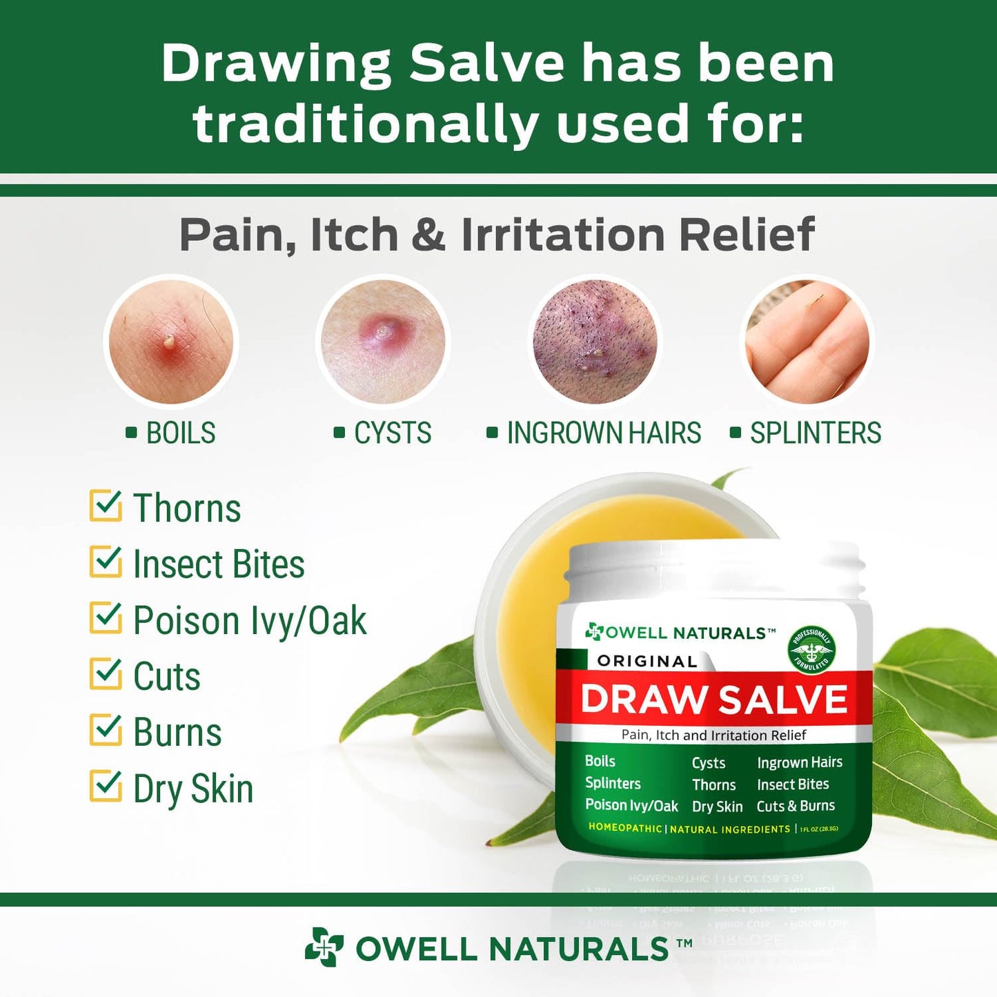 OWELL NATURALS Drawing Salve Ointment Fast Acting Formula for Skin, Splinters, Ingrown Hairs, Boils & Cyst, Bug Bites, bee Sting, Mosquito bite Itch, Poison Ivy (2 Pack)