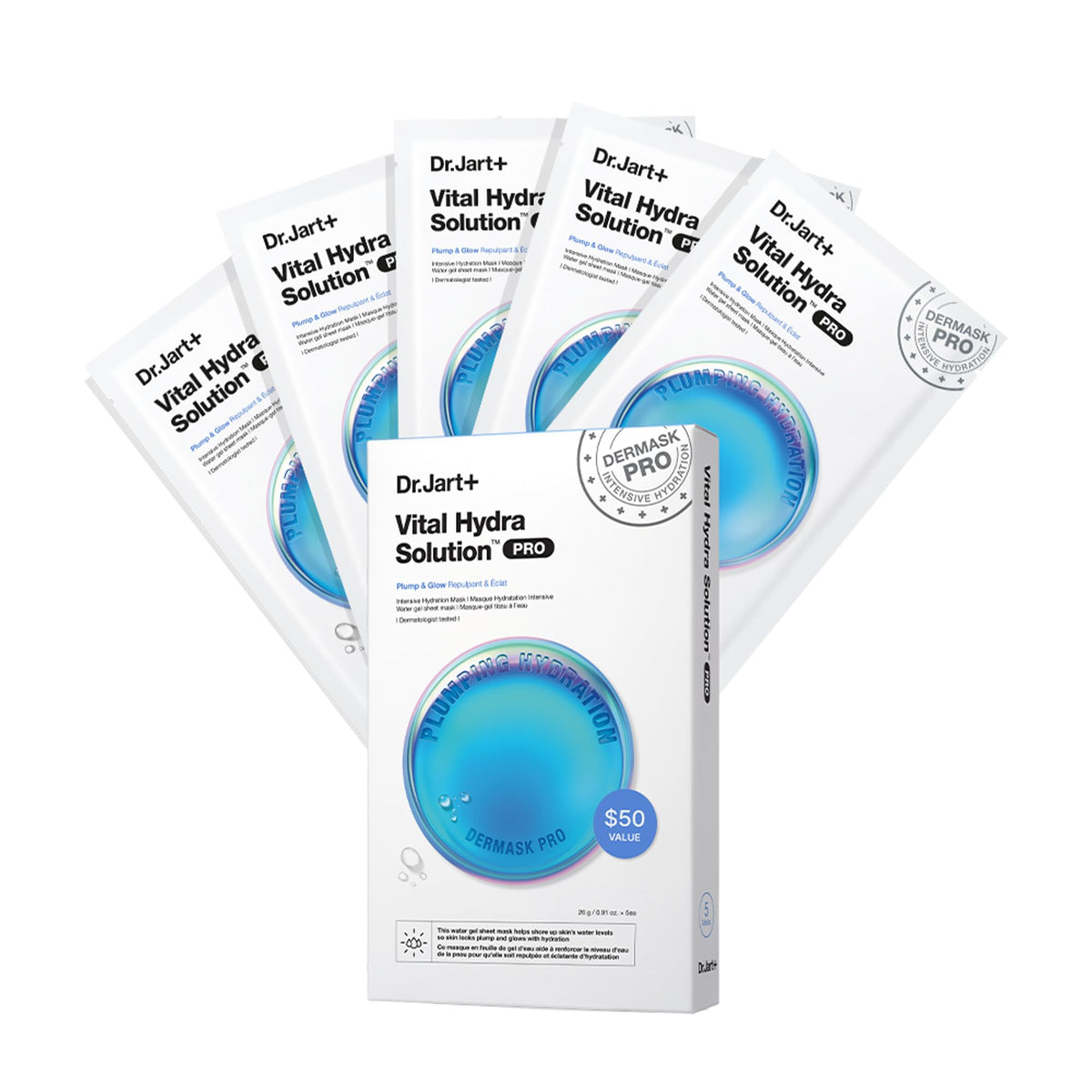 Dr.Jart+ Dermask Vital Hydra Solution Glow Korean Face Mask with Hyaluronic Acid for Glass Skin & Intense Hydration | Sheet Mask | Gifts for Women | Korean Skin Care, 5 Pack