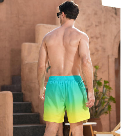 SILKWORLD Men Swimming Trunks 2 in 1 Swim Shorts Breathable Elastic Waist Bathing Suit, Yellow Green Gradient, XX-Large