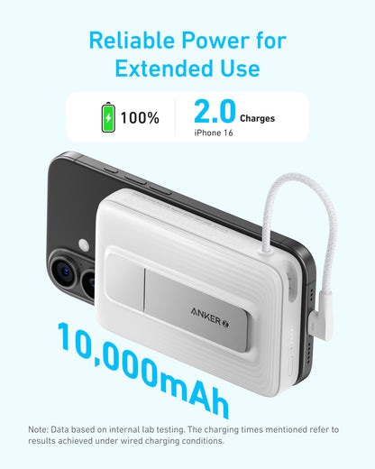 Anker Zolo Magnetic Power Bank, 10,000mAh Wireless Portable Charger with 30W Max Fast Charging, Battery Pack with Built-in USB-C Cable and Adjustable Stand, for iPhone16/15 Series, AirPods, and More
