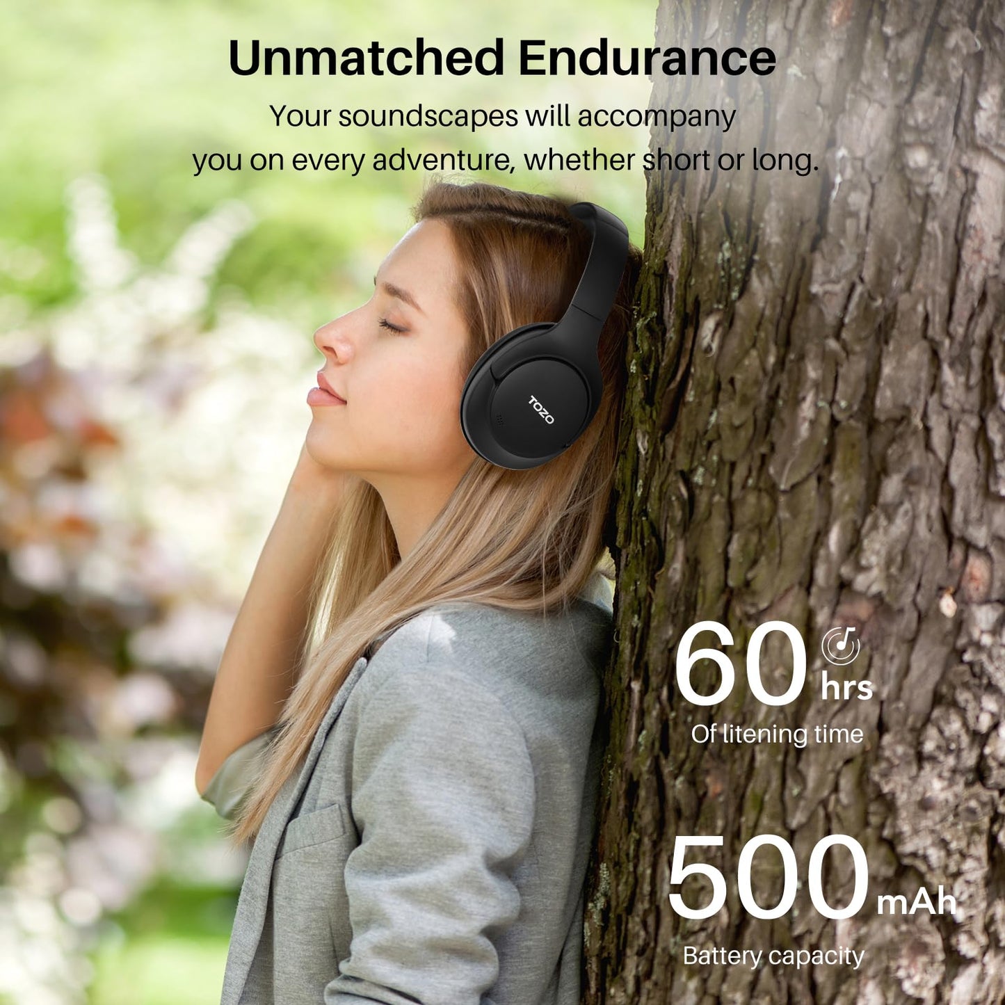 TOZO HT2 Hybrid Active Noise Cancelling Headphones, Wireless Over Ear Bluetooth Headphones, 60H Playtime, Hi-Res Audio Custom EQ via App Deep Bass Comfort Fit Ear Cups, for Home Office Travel