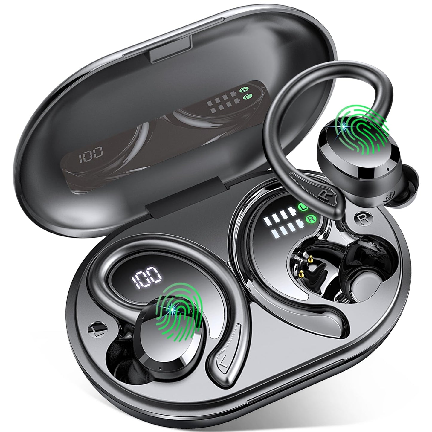 Wireless Earbuds Sport, 2025 Bluetooth 5.4 Headphones Bass Hi-Fi Stereo Over Ear Buds, 56Hrs Noise Cancelling Headset with Earhook, IP7 Waterproof Earphones Workout Running for Laptop Pad Android iOS