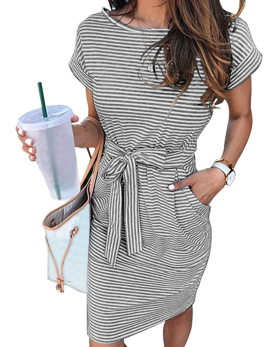 MEROKEETY Women's Summer Striped Short Sleeve T Shirt Dress Casual Tie Waist Midi Dress Darkgrey