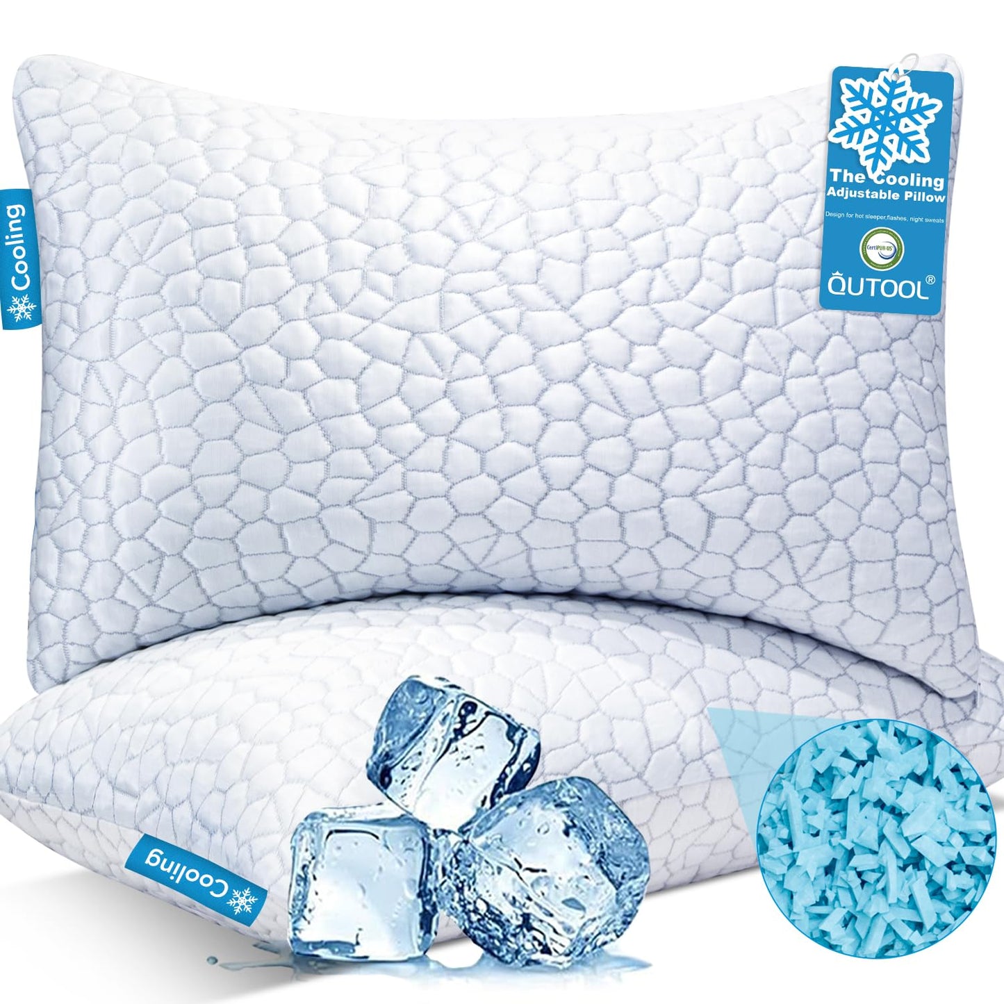 QUTOOL Cooling Pillows for Sleeping 2 Pack, Shredded Memory Foam Bed Pillows Queen Size Set of 2, Cool Pillow for Hot Sleepers Adjustable Firm Pillow for Side, Back and Stomach Sleepers Supportive