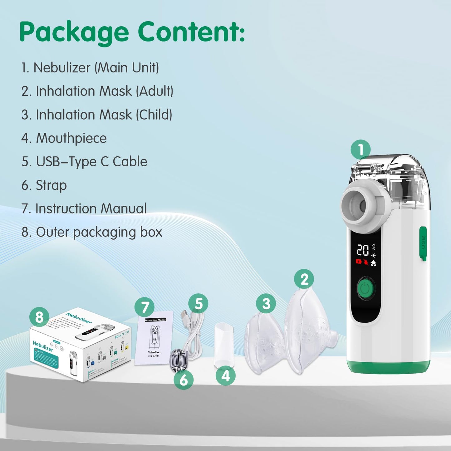 Hand-held Nebulizer for Respiratory System, Portable Nebulizer with Self-Clean Mode, Rechargeable Nebulizer for Home Office Travel