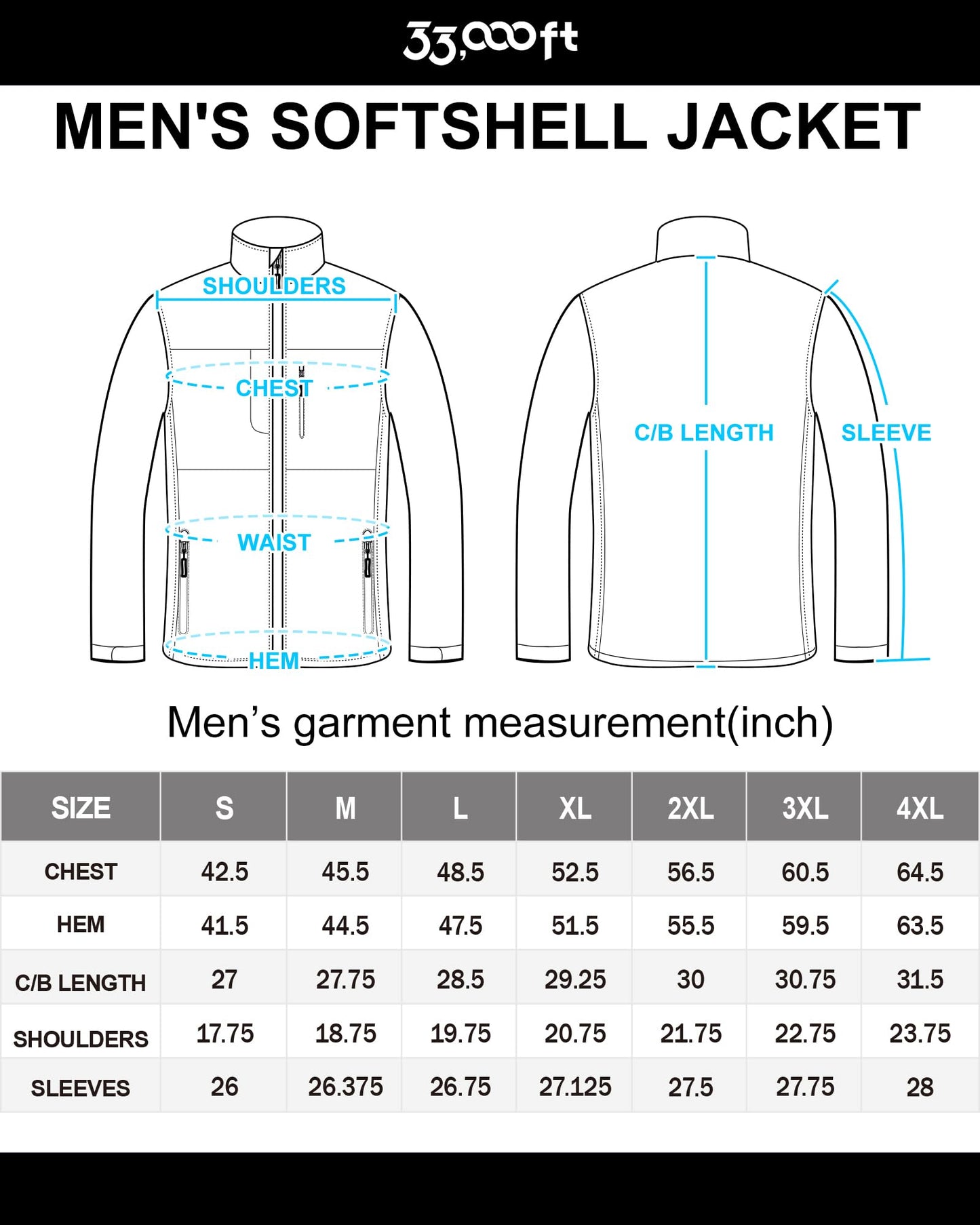 33,000ft Men's Lightweight Softshell Jacket Warm Fleece Lined Windbreaker Waterproof Soft Shell for Outdoor Hiking