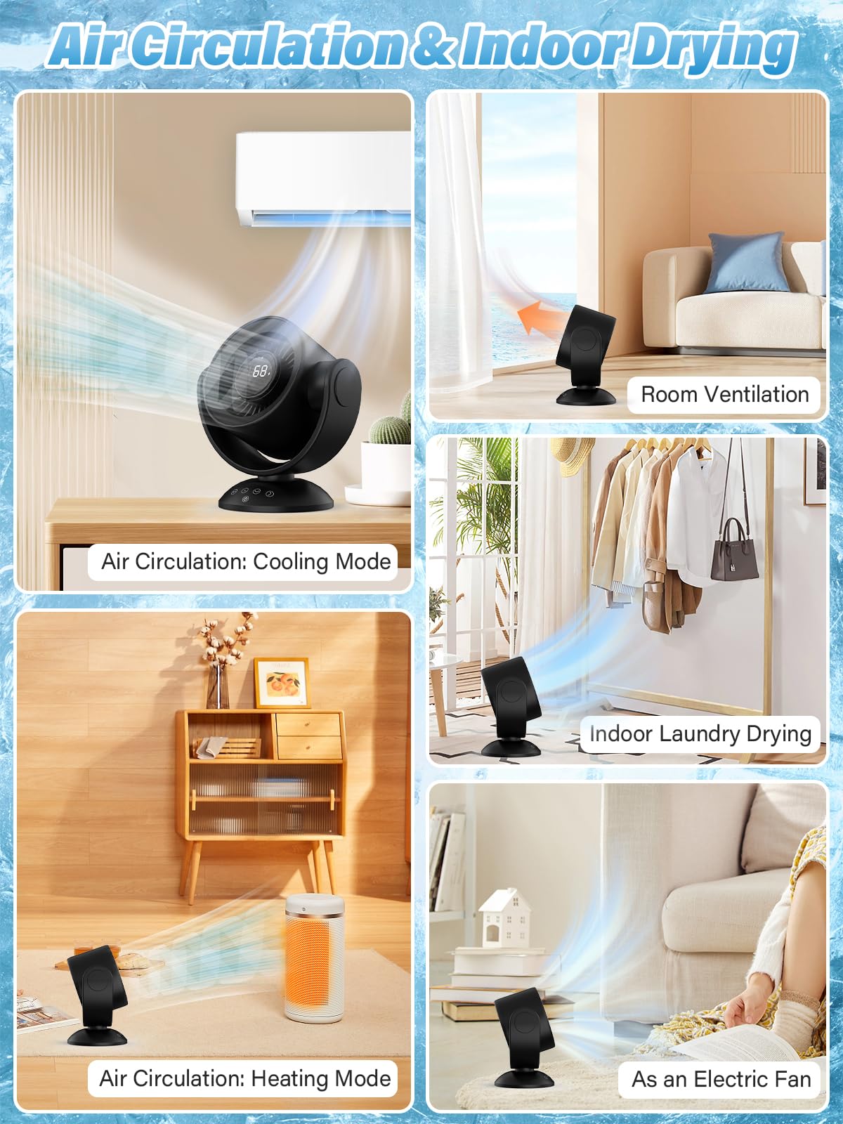 SECHKISS Desk Fans for Bedroom，9-Inch Air Circulator Fan，90°Vertical +120°Auto Oscillating,100 Speeds, 10H Timer, Quiet Fan,Digital Display Rechargeable USB, with Remote, for Home, Office（Black）