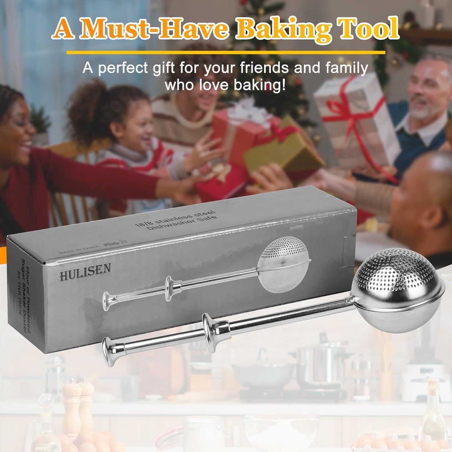 HULISEN Flour Duster for Baking, One-Handed Operation, 304 Stainless Steel Powdered Sugar Shaker Duster, Pick Up and Dust Flour Sifter, Gift Package
