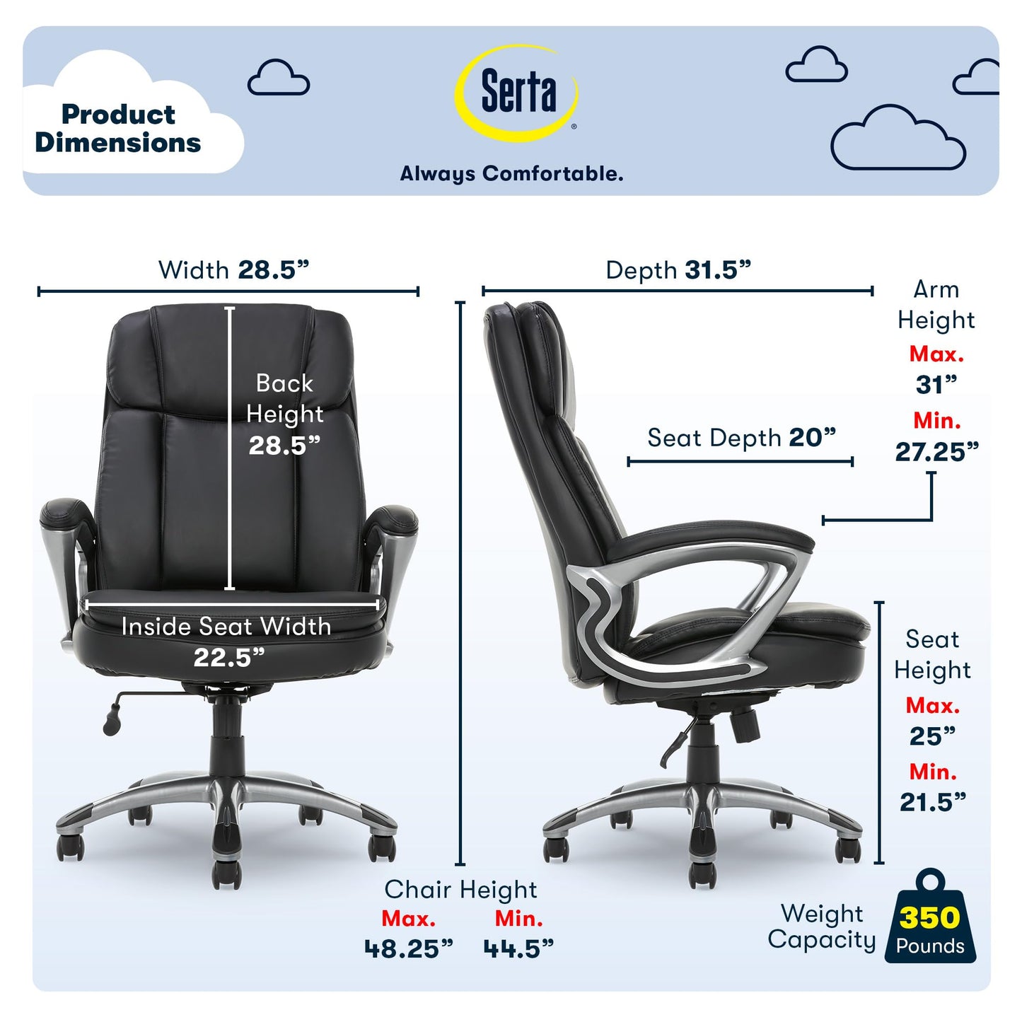 Serta Fairbanks Big and Tall High Back Executive Office Ergonomic Gaming Computer Chair with Layered Body Pillows, Contoured Lumbar Zone, Black