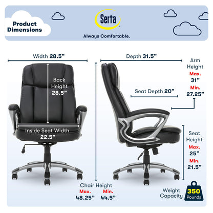 Serta Fairbanks Big and Tall High Back Executive Office Ergonomic Gaming Computer Chair with Layered Body Pillows, Contoured Lumbar Zone, Black
