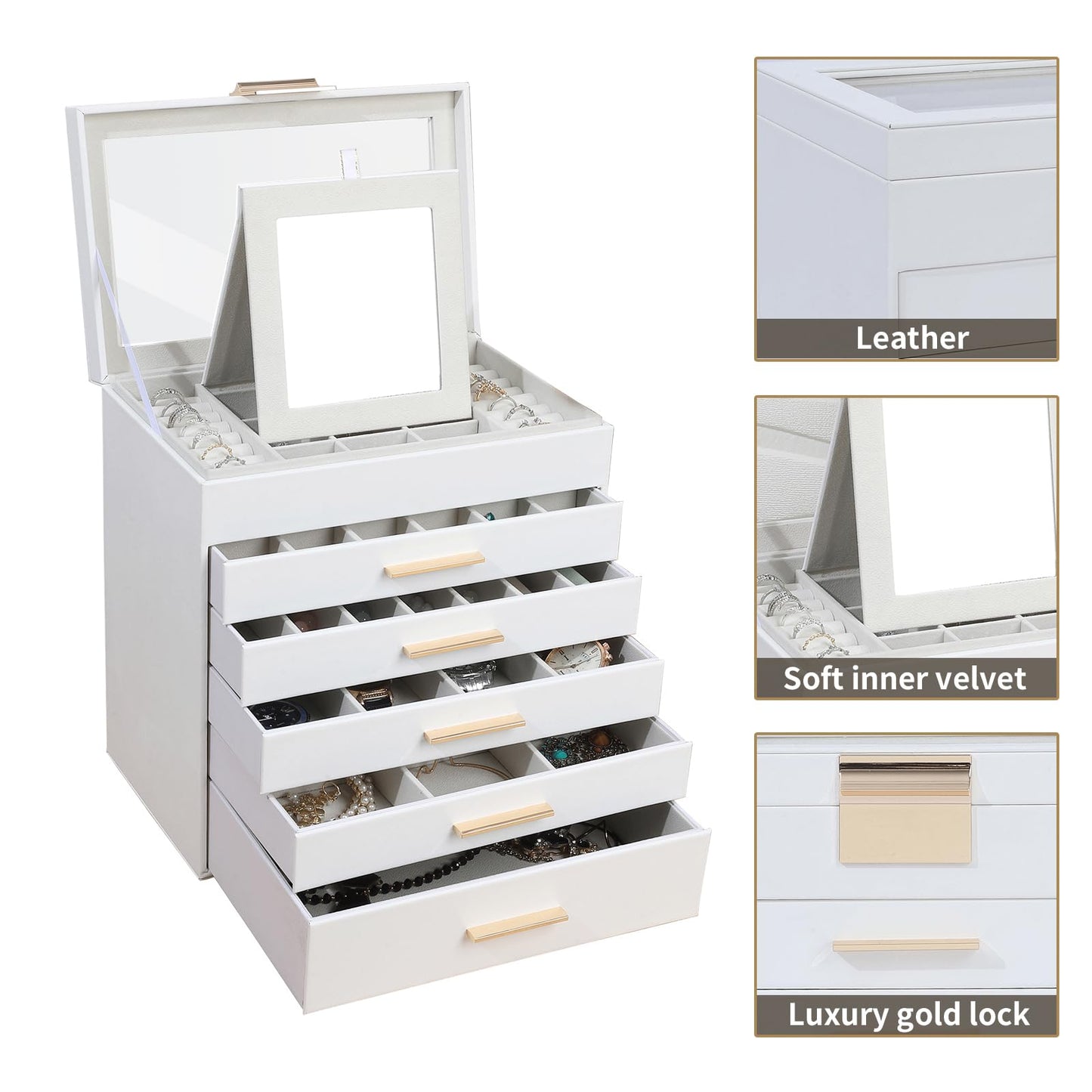 BOOVO Jewelry Boxes for Women, White and Black 6 Layer Large Jewelry Box for Necklace, Bracelet, Earrings, Rings Storage, Jewelry holder Organizer for Girls Gift (Clear White, 6 layer)