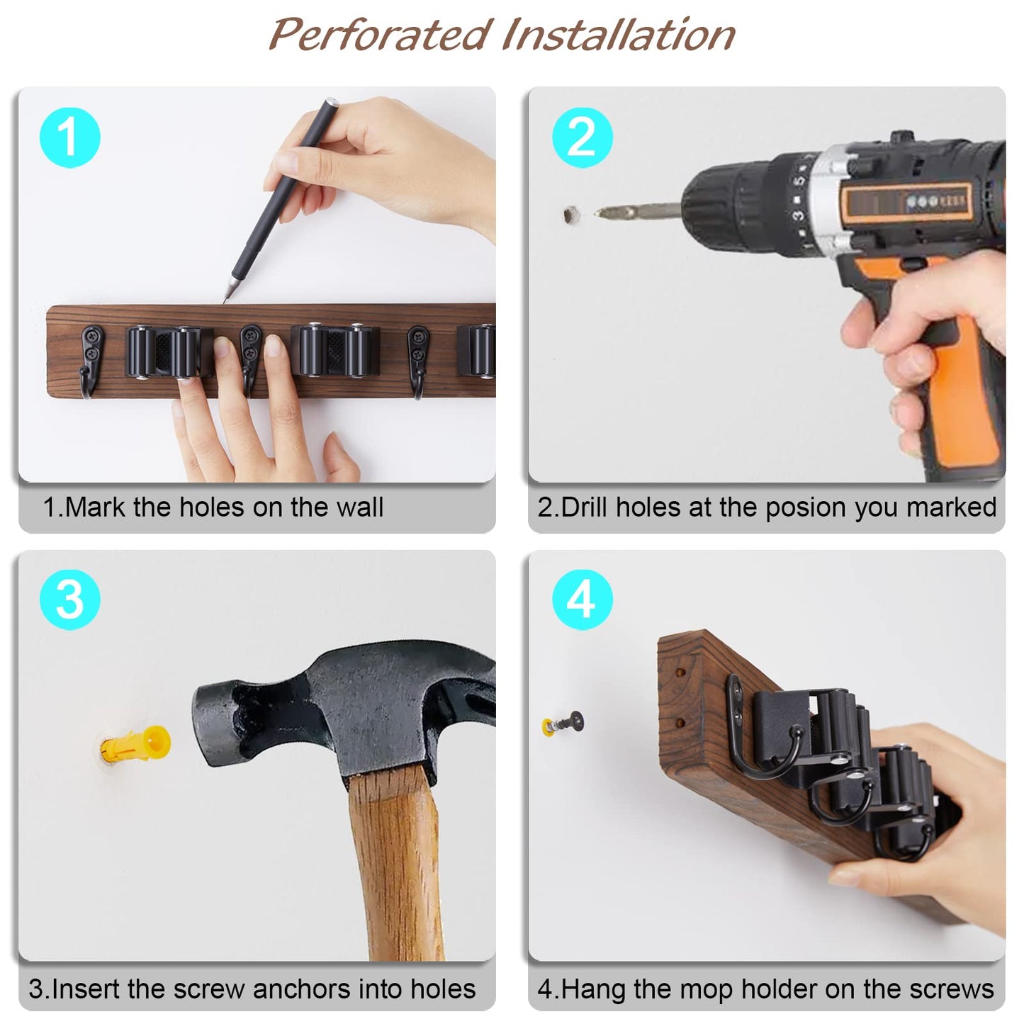 OUTNILI Mop and Broom Holder Wall Mount - Rustic Wood Broom Mop Hanger - Wall Mounted Garden Tool Rack Organizer for Closet Garage Laundry Room Kitchen Decor With 4 Slots & 4 Hooks