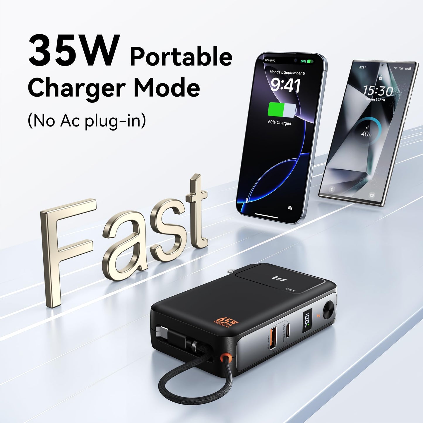 3 in 1 Portable Phone Charger 10000mAh, 35W Power Bank Wall Plug With Built in USB C Cable, 65W GaN Wall Charger for Laptop MacBook, Travel Battery Pack for iPhone Samsung Android Smartphone