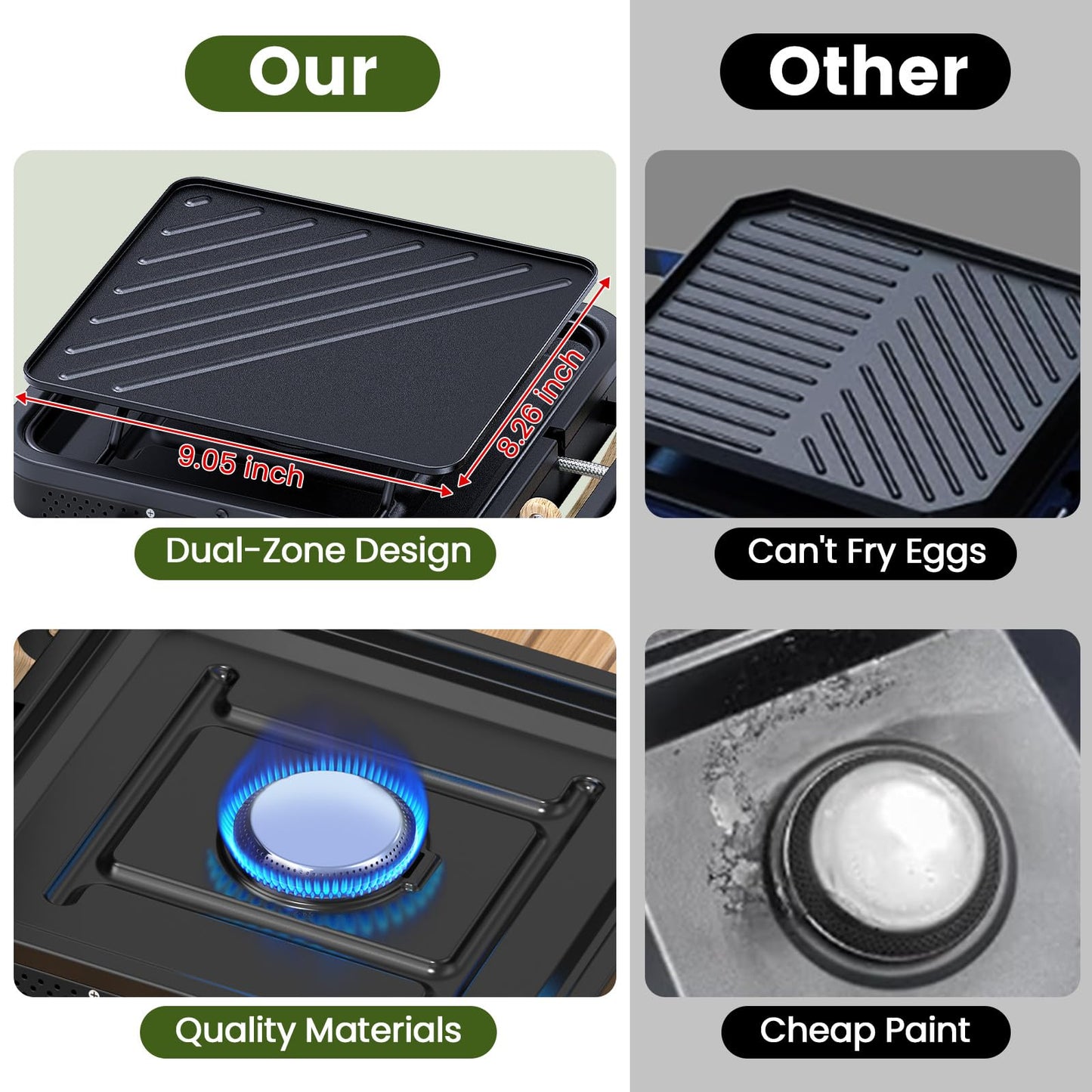 OGERY 2-Burner Foldable Camping Stove with Griddle (Textured & Smooth) and Carrying Bag, Portable Propane Camp Stove with 2 Adjustable Burners & Piezo Ignition, for Camping Tailgating Essentials Gear