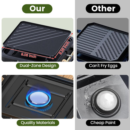 OGERY 2-Burner Foldable Camping Stove with Griddle (Textured & Smooth) and Carrying Bag, Portable Propane Camp Stove with 2 Adjustable Burners & Piezo Ignition, for Camping Tailgating Essentials Gear