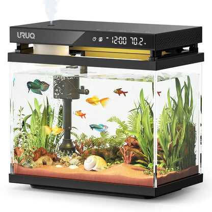 Fish Tank Smart Aquarium Kit: 2 Gal UHD Glass Silent Water Pump Self Cleaning System Temperature Monitoring Essential Oil Diffuser with Humidifier 7 Color Lights Multi-Layer Filtration System Black