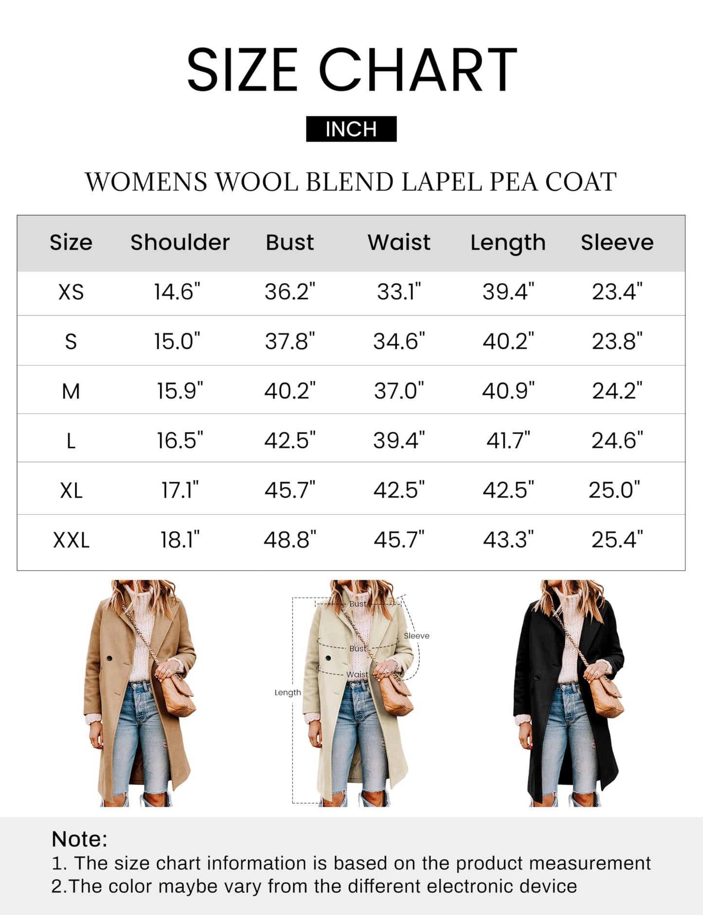 Tanming Women's Notch Lapel Double Breasted Wool Blend Mid Long Pea Trench Coat (Black-L)