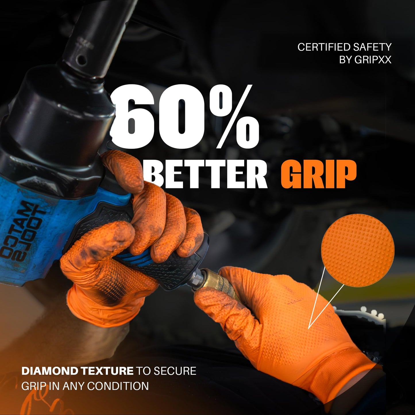 GRIPXX Herkules Grip Heavy Duty 8Mil Orange Nitrile Gloves,3D Raised Diamond Texture-Latex & Powder Free-Industrial, Mechanic (10, X-Large)