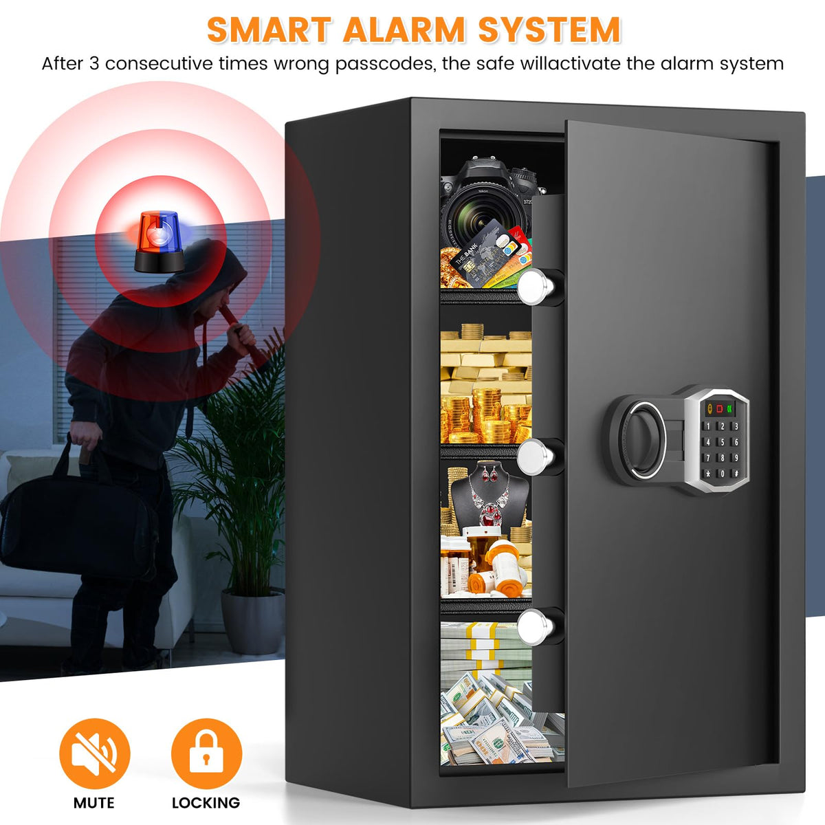 4.5 Cuft Larger Safe Box Fireproof Waterproof, Fireproof Safe with Fireproof Document Bag, Alarm Systerm and Comb Lock, Anti-Theft Safes for Home Ammo Money Document