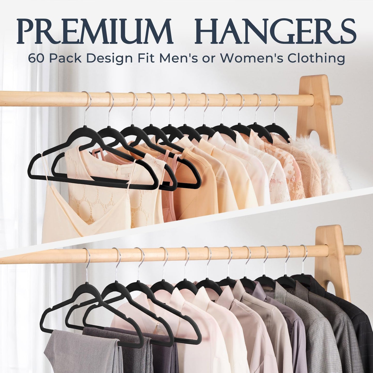 HOUSE DAY Black Velvet Hangers 60 Pack, Non Slip Clothes Felt Hanger Heavy Duty for Coat, Premium Slim Space Saving Suit Hangers for Closet Organizer, 360° Rotating Silver Hook