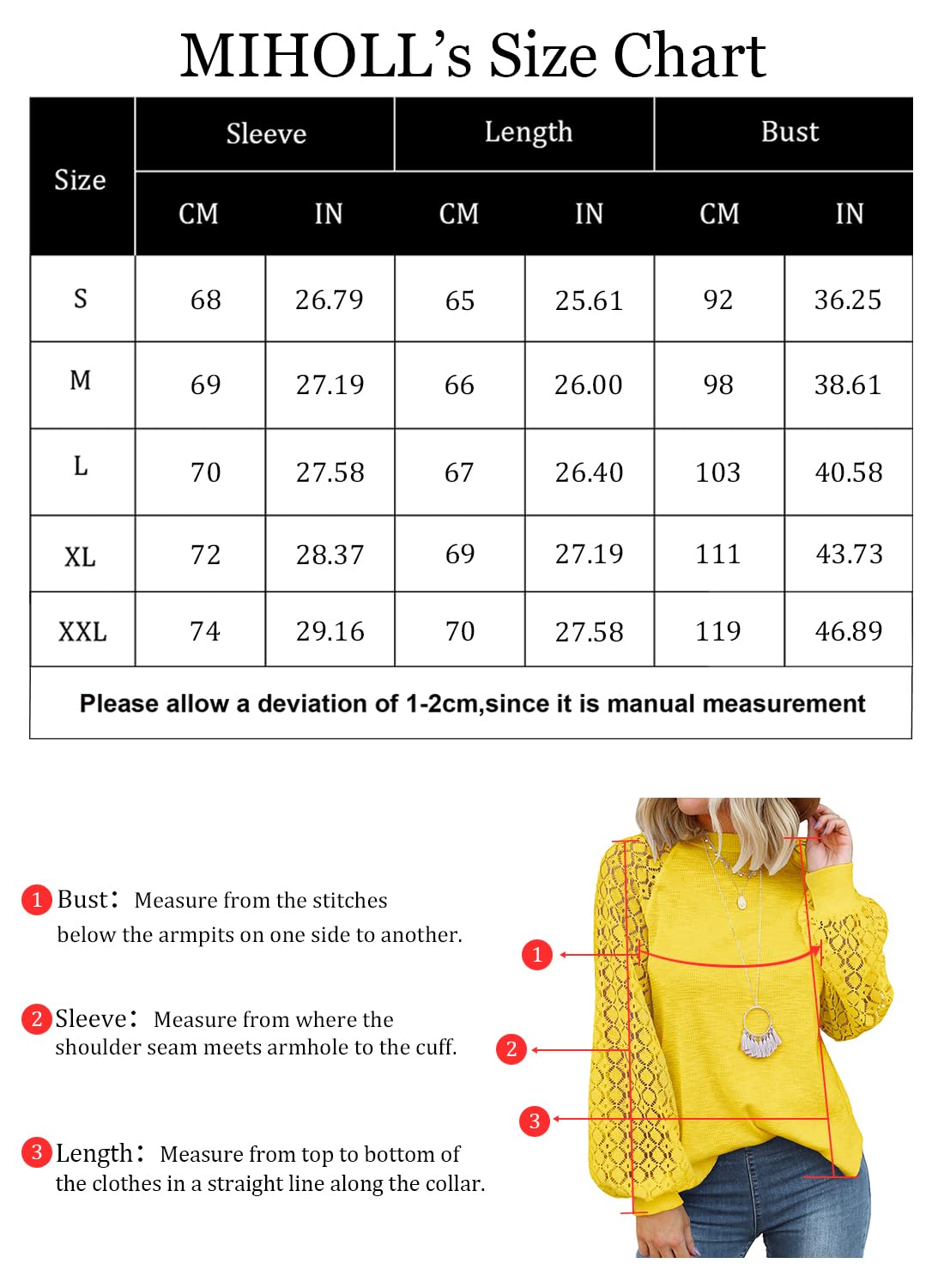 MIHOLL Women’s Long Sleeve Tops Lace Casual Loose Blouses T Shirts (Yellow, Small)