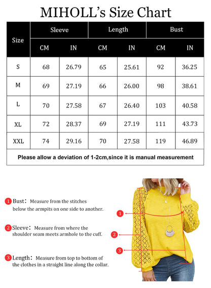 MIHOLL Women’s Long Sleeve Tops Lace Casual Loose Blouses T Shirts (Yellow, Small)