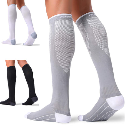 FITRELL 3 Pairs Compression Socks for Women and Men 20-30mmHg- Circulation and Muscle Support Socks for Travel, Running, Nurse, Knee High Socks, Medical Black+White+Grey S/M