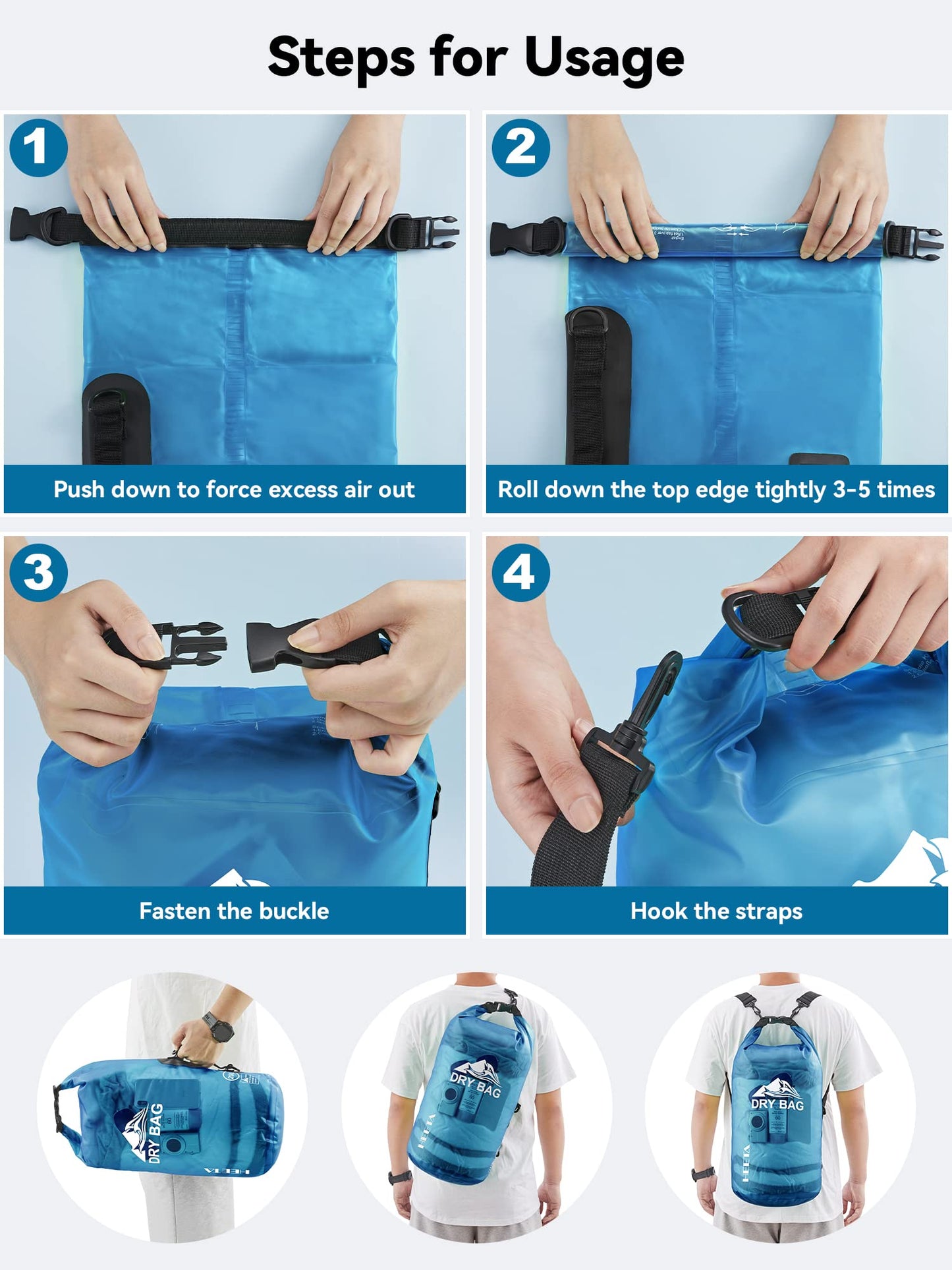 HEETA Dry Bag Waterproof for Women Men, Roll Top Lightweight Dry Storage Bag Backpack with Phone Case for Travel, Swimming, Boating, Kayaking, Camping and Beach (Transparent Blue, 5L)