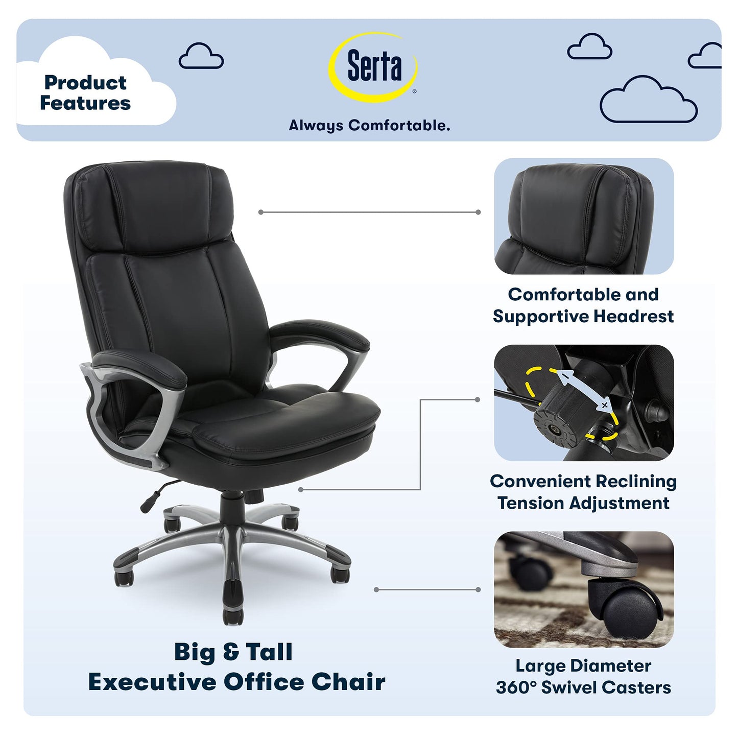 Serta Fairbanks Big and Tall High Back Executive Office Ergonomic Gaming Computer Chair with Layered Body Pillows, Contoured Lumbar Zone, Black