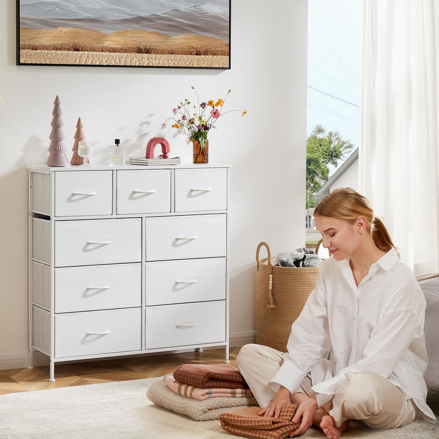 DUMOS Dresser for Bedroom, Storage Organizer with 9 Drawers, Chest of Drawers with Fabric Bins, Sturdy Metal Frame, Wood Tabletop for Guest Room, Closet, Entryway, Nursery