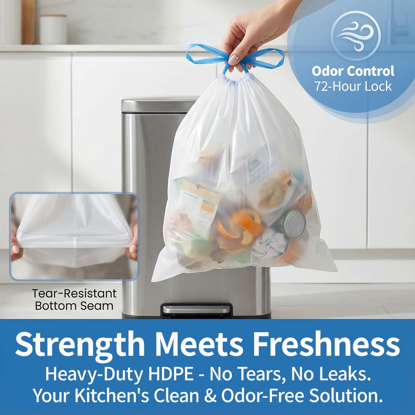 T.FORING 13 Gallon Trash Bags Drawstring 120 Count, 1.7 Mil Thick White Garbage Bags, Easy-Dispense Roll for Kitchen & Household Use, Resists Tears, Leaks and Punctures