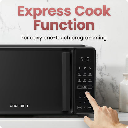 Chefman Countertop Microwave Oven 0.7 Cu. Ft., 700 Watts with 10 Power Levels, 6 Cooking Presets with One-Touch Express Cook, Eco Mode, Child Safety Lock, & Mute Button - Black