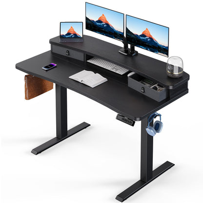 HUANUO 48″ x 24″ Electric Standing Desk with 2 Drawers, C-Clamp Mount Compatible, Height Adjustable Computer Desk, Home Office Stand Up Desk with 4 Preset Heights & 2 Hooks, Black