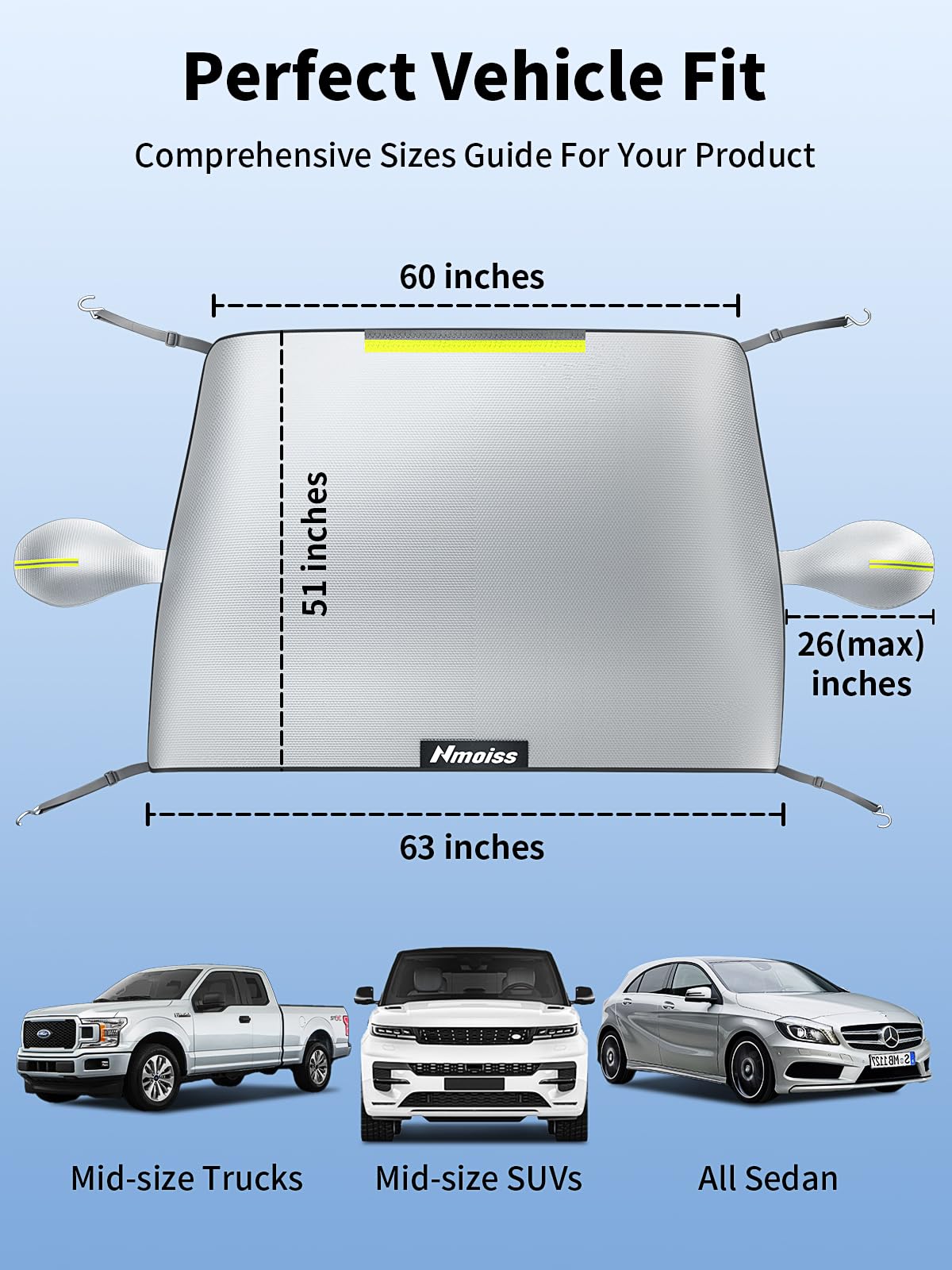 Nmoiss Windshield Cover for Ice and Snow [600D Upgraded Silver Waterproof] Against Frost Ice and Snow Easy Installation with Straps Compact All-Weather Durable Fit for Cars SUVs and Trucks