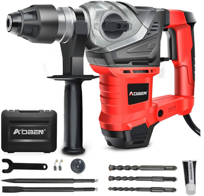 AOBEN Rotary Hammer Drill with Vibration Control and Safety Clutch,13 Amp Heavy Duty 1-1/4 Inch SDS-Plus Demolition Hammer for Concrete-Including 3 Drill Bits,Flat/Point Chisels.