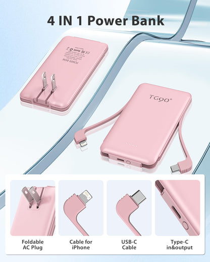 TG90° Portable Charger Power Bank, Ultra Small 5000mAh Battery Pack with Built-in AC Wall Plug and Cables, USB C Cell Phone External Battery Charger Compatible with iPhone and Android Devices